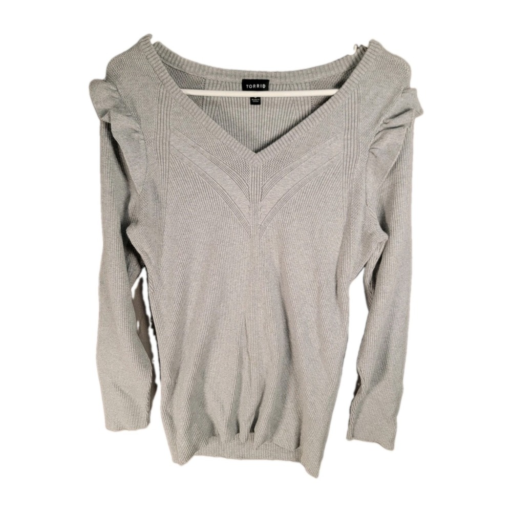 Torrid Size 3 Gray Ribbed Sweater V-Neck Ruffle Sleeve Knit‎ Top Plus 3X 22/24